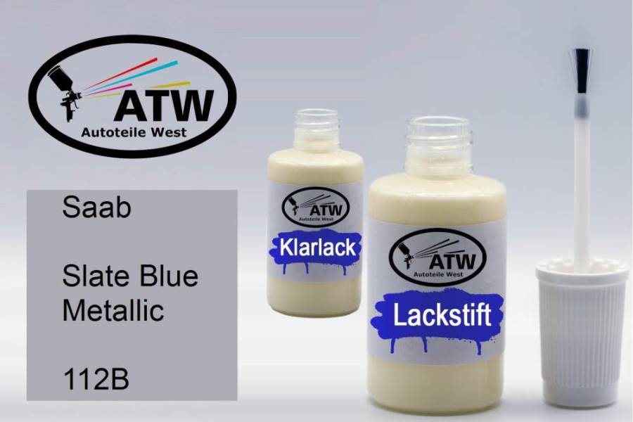 Saab, Slate Blue Metallic, 112B: 20ml Lackstift + 20ml Klarlack - Set, von ATW Autoteile West.